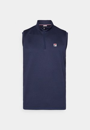 Navy sleeveless polo with a zip collar, featuring a textured fabric and a small red and white logo on the left chest.