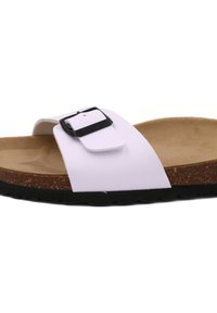 Sandale blanche à semelle lisse avec une seule sangle et une boucle ajustable, dotée d'un coussin en liège et d'une semelle extérieure noire texturée.