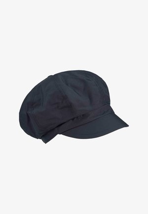 Black fabric cap with a rounded top and a stiff brim. Features stitching along the crown and a textured finish.