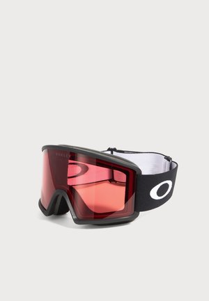 Черни ски очила Oakley с широко червено оттенено стъкло и регулируема черна лента с бяло лого Oakley.