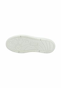 Suole di sneakers in gomma bianca con un motivo di grip strutturato, forme circolari e ovali e un piccolo logo. Bordo liscio con canali di drenaggio.