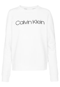 Vit långärmad sweatshirt med svart "Calvin Klein"-logotyp tryckt över bröstet, ribbade muddar och rundad halsringning.