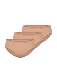 Tre coppie di vestiti intimi beige senza cuciture da donna realizzati in tessuto morbido, con una cintura larga che presenta un discreto dettaglio del logo.
