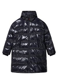 Chaqueta acolchada de material negro brillante, con capucha, cremallera frontal y dos grandes bolsillos delanteros, diseño acolchado y mangas cortas.