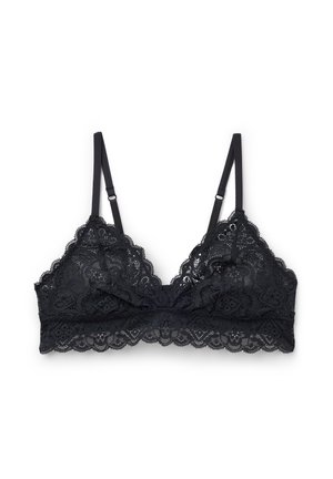 Zwarte kanten bralette met verstelbare bandjes. Kenmerkt zich door geschulpte randen en ingewikkelde bloemenpatronen over de stof. Zachte, doorschijnende textuur.