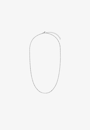 Silberne Metallkette mit einem zarten, gedrehten Kettendesign, einem Federringverschluss und einer verstellbaren Längenerweiterung.