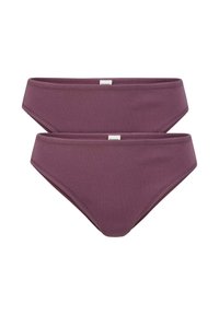 Bordeaux bikini slips met een gladde textuur, voorzien van een lage taille en een klassieke snit. Eenvoudig ontwerp zonder patronen of accenten.