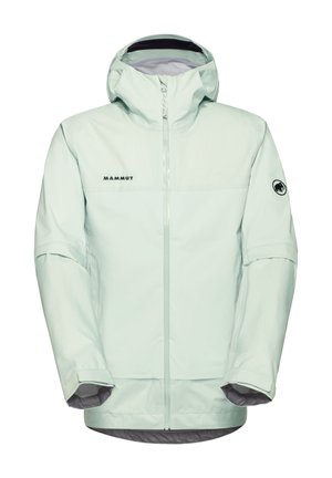 Light mint green waterproof jacket with a zip closure, hood, and grey accents. Includes a logo on the chest and textured fabric pattern.