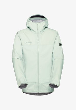 Hellgrüne wasserdichte Jacke mit Reißverschluss, Kapuze und grauen Akzenten. Mit einem Logo auf der Brust und strukturiertem Stoffmuster.