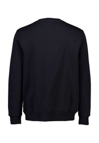 Svart sweatshirt med långa ärmar, ribbade mudd och nederkant, rundad halsringning. Slät tygtextur, minimalistisk design utan synlig varumärkeslogotyp.