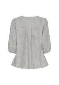 Striped bluse i lys grå og marineblå med puffede ærmer, en rund halsudskæring og to læg bagpå for ekstra form. Blødt stof.