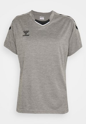 Grijze sport T-shirt met korte mouwen van vochtafvoerende stof. Beschikt over een V-hals en contrasterende zwarte accenten op de schouders. Zwart logo.