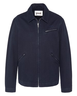 Mørkeblå lynlåstrøje med krave, to skrå lommer foran, brystlynlåslomme og lille broderet "Schott"-logo på venstre bryst.