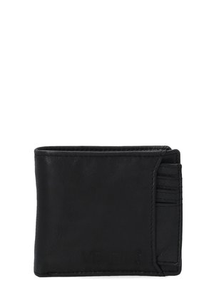 Zwarte leren portemonnee met een gladde textuur, slank design, kaartsleuven en een reliëflogo op de voorkant.