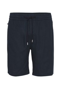 Shorts décontractés bleu marine avec taille élastique et cordon noir, avec une petite étiquette sur la couture latérale gauche.