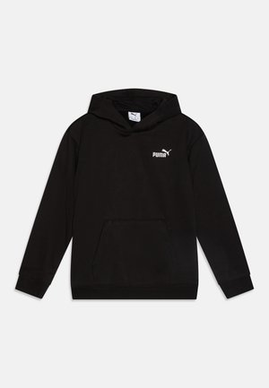 Hoodie noir en coton avec une poche avant, arborant un logo Puma blanc sur la partie gauche de la poitrine et des poignets et un ourlet côtelés.