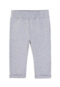 Pantaloni per bambini di colore grigio chiaro con vita elasticizzata e orli arricciati, realizzati in morbido tessuto a maglia.
