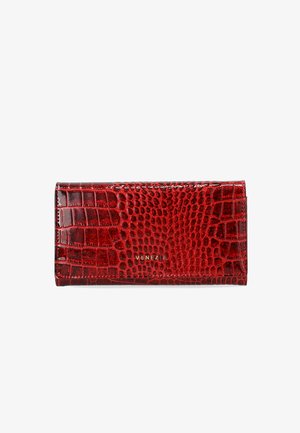 Red patent leather wallet with a crocodile texture, featuring a gold logo "VENEZIA" on the front, rectangular shape, and sleek design.