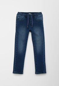 Donkerblauwe denim jeans met een elastische tailleband, trekkoord en twee voorzakken; slanke pasvorm met lichte vervaging en gestikte zomen.