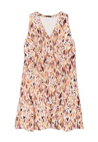 Ärmellose Tunika mit V-Ausschnitt, die ein lebhaftes, abstraktes Muster in den Farben Orange, Pink und Braun zeigt. Ausgeschwungener Saum, weicher Stoff.