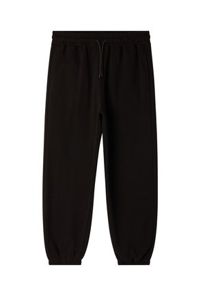 Pantaloni della tuta neri realizzati in tessuto morbido, con cintura elastica, cordoncino regolabile e polsini a costine alla caviglia.