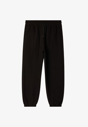 Pantaloni della tuta neri realizzati in tessuto morbido, con cintura elastica, cordoncino regolabile e polsini a costine alla caviglia.