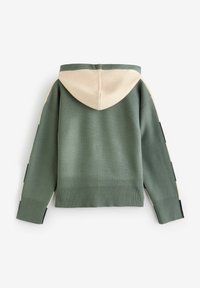 Kapuzensweater in Grün mit einer beigen Kapuze. Mit gerippten Bündchen und Saum, kontrastierenden Seitenteilen und einem strukturierten Strickdesign.