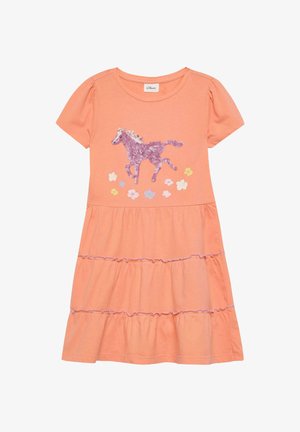Peach short-sleeve dress with tiered skirt, purple sequin horse, and small embroidered flowers on front bodice.