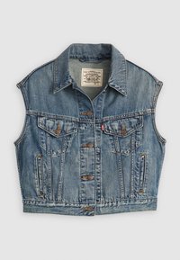 Veste en jean bleue sans manches avec fermeture à boutons devant, deux poches poitrine à rabat, poches latérales et étiquette Levi Strauss & Co. à l’intérieur du col.