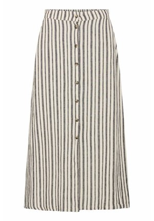 Črtasta lanena krila v kremnem in temno sivo barvi z gumbastim zapiranjem in razširjenim dizajnom. Ima prilegajoč pas in vertikalne črte.