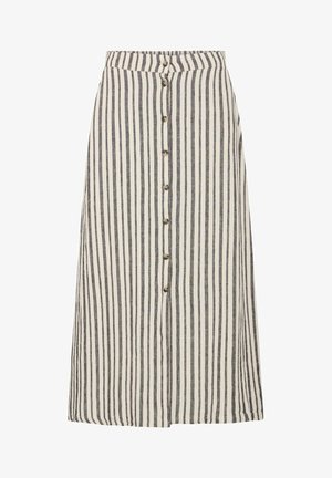 Svērta linu svārki krēmkrāsā un tumši pelēkā ar pogu priekšpusē un izplestu dizainu. Iezīmēta ar pieguļošu jostasvietu un vertikālām svītrām.