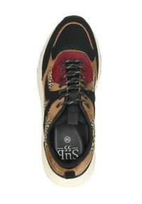 Multicolored sneaker featuring a mesh and suede upper in tan, black, and burgundy, with a leopard print accent and black laces.