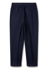 Navy blue, lightweight pants with an elastic waistband, two back pockets, and rolled cuffs. Material appears smooth with minimal texture.