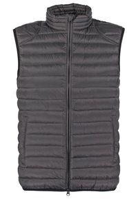 Veste sans manches matelassée noire avec col montant, fermeture éclair frontale et deux poches latérales.