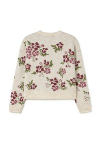 Suéter de punto en beige con patrones florales en rojo oscuro y verde. Mangas largas, cuello y dobladillo acanalados, diseño cropped. Textura suave.