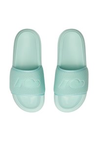 Miętowo zielone klapki z teksturowanym górnym paskiem, z sercowym wzorem i gładką wkładką. Wykonane z trwałego, lekkiego materiału.