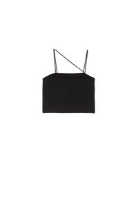 Czarny krótki top na cienkich ramiączkach, prostokątny kształt, wykonany z gładkiego materiału. Minimalistyczny design bez wzorów czy zdobień.