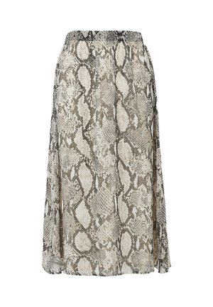 Spódnica w wzór wężowej skóry w neutralnych odcieniach, z elastycznym paskiem w talii, posiadająca boczne rozcięcia oraz lekką, zwiewną tkaninę.