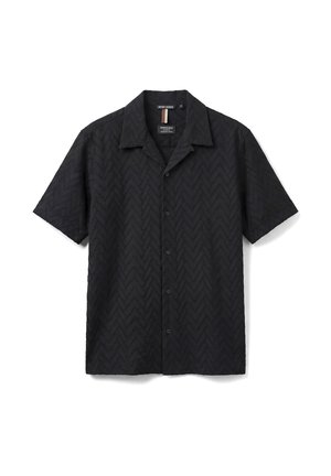 Zwart kort mouwen overhemd met knopen en een subtiel zigzagpatroon, open kraag, weergegeven op een witte achtergrond.