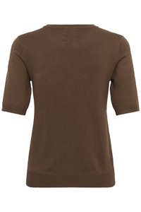 Pull tricoté marron à manches courtes avec poignets, ourlet et encolure ronde côtelés vu de dos.