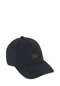 Schwarze Kappe aus Stoff mit gebogenem Schirm, versehen mit einem strukturierten Patch mit der Aufschrift "camel active" in goldenen Buchstaben auf der Vorderseite.