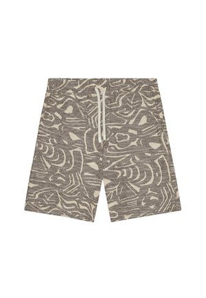 Gemusterte Shorts aus strukturiertem grauem Stoff mit cremefarbenen abstrakten Designs. Mit elastischem Bund und Kordelzug für eine verstellbare Passform.