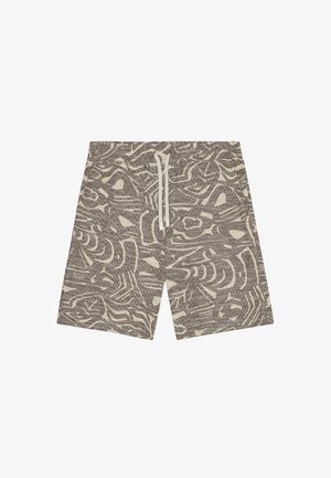 Spodenki w wzory z teksturowanej szarej tkaniny z kremowymi abstrakcyjnymi wzorami. Posiadają elastyczny pasek w talii oraz sznurek do regulacji dopasowania.