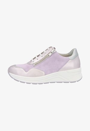 Light purple sneaker with a combination of suede and metallic accents, featuring a lace-up closure and side zipper, and a cushioned white sole.