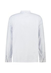 Camicia a maniche lunghe a righe blu chiaro e bianche con colletto button-down e maniche con polsini. Tessuto in cotone, texture liscia, vestibilità comoda.