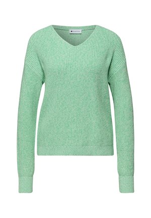 Lichtgroene gebreide V-hals trui met lange mouwen en geribde manchetten en zoom, weergegeven op een witte achtergrond.