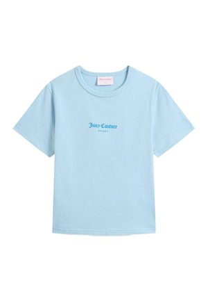 Hellblaues Baumwoll-T-Shirt mit dem Aufdruck "Juicy Couture SPORT" in dunklerem Blau. Kurze Ärmel, runder Halsausschnitt und schlichtes Design.