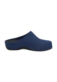 Blue felt clogs with a rounded shape, black rubber sole, and smooth texture; open back design for easy wear.