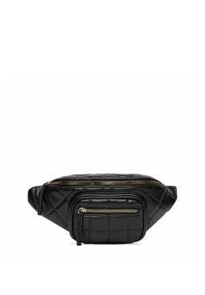 Riñonera de cuero negro acolchado con dos compartimentos con cierre de cremallera dorada y correa ajustable, mostrada sobre fondo blanco.