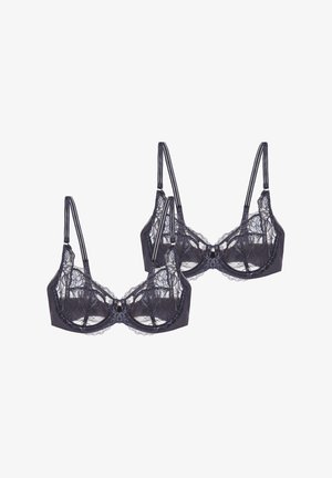 Dark navy lace bras with sheer detailing, underwire support, adjustable straps, and a central decorative bow. Set of two items.